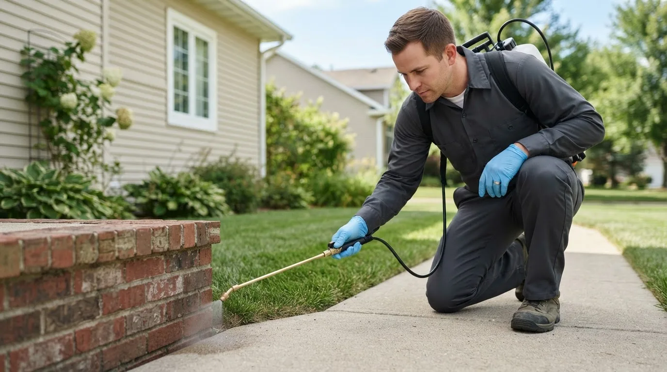 Pest control technician treating a home near East Grand Rapids, MI